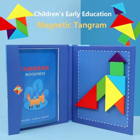Childrens Magnetic Wooden Tangram Puzzle Book Early Educational Intelligence Development Geometric Shapes Toy For Kids
