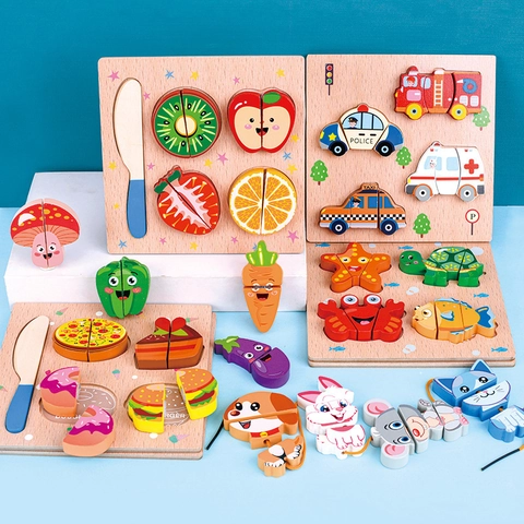 Set di Giocattoli Puzzle in Legno Montessori per Bambini Educativo Abilità Motorie Sottili Infilatura Allacciatura Taglio Cibo Animale Apprendimento Precoce Regalo Bambini