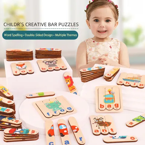 Puzzle a Strisce di Parole in Legno per Bambini Fronte-retro Animali Veicoli Gioco Educativo Giocattolo Montessori