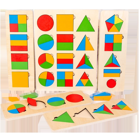 Montessori Puzzle di Legno a Forme Geometriche Frazionarie Giocattolo Educativo per Bambini Piccoli Apprendimento Precoce
