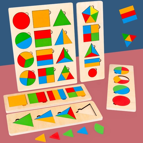 Montessori Puzzle di Legno a Forme Geometriche Frazionarie Giocattolo Educativo per Bambini Piccoli Apprendimento Precoce