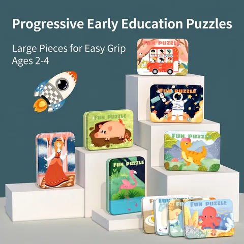 Set di Puzzle Progressivi Educativi per Bambini Con Scatola di Metallo Cartone Animato Animale Dinosauro Spazio Puzzle in Fibra di Legno