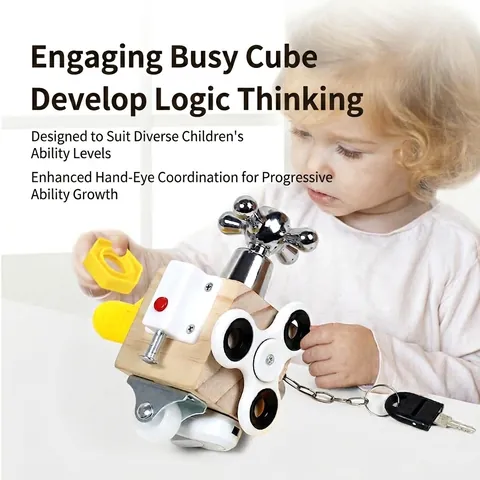 Montessori Wooden Busy Cube Toy For Toddlers Fine Motor Skills Learning Busy Block With Locks Spinners Wheels Kids Toy