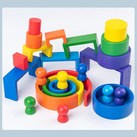 Rainbow Wooden Building Blocks Stacking Toy For Kids Montessori Wooden Peg Dolls Educational Creative Sorting Blocks