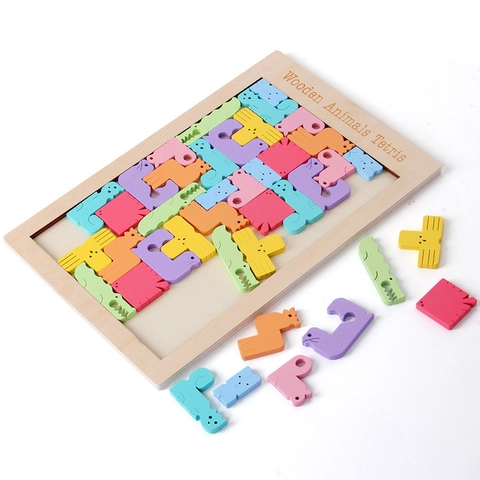 Wooden Animal Tetris Puzzle Montessori Educational Building Blocks Colorful 3D Jigsaw Board Toy For Children Kids Early Learning Gift