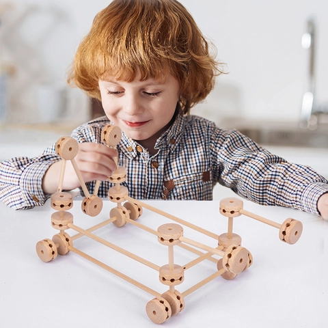 Wooden STEM Building Blocks Toy Set Creative DIY Construction Kit With Rods And Connectors For Kids Early Learning Education