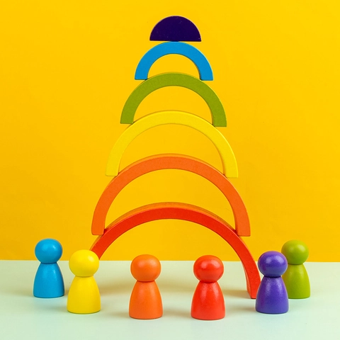 Blocchi Impilabili Casa Arcobaleno in Legno Giocattoli Educativi Montessori Bambini Apprendimento Precoce Puzzle Blocchi di Costruzione