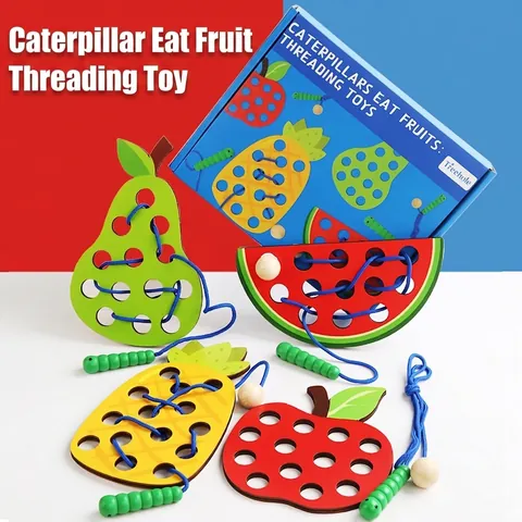 Montessori Bruco in Legno che Mangia la Frutta Giocattolo da Infilare per Bambini Apprendimento Precoce Abilità Motorie