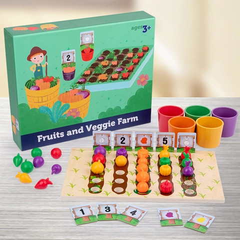 Set di Giocattoli in Legno per Smistamento Fattoria Frutta e Verdura Montessori Riconoscimento Colori Gioco Educativo per Bambini