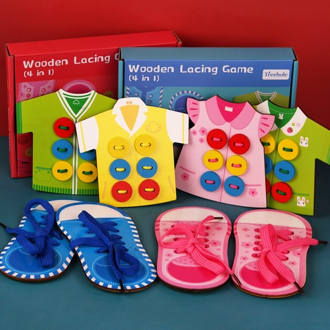 Gioco da Infilare in Legno 4 in 1 Giocattolo Educativo Montessori Per Bambini Vestiti E Scarpe Infilatura Allacciatura Apprendimento Regalo