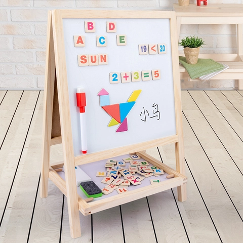 Kids Wooden Double Sided Magnetic Art Easel Foldable Drawing Board With Blackboard Whiteboard And Storage Tray
