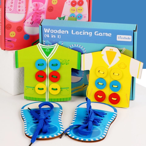 Gioco da Infilare in Legno 4 in 1 Giocattolo Educativo Montessori Per Bambini Vestiti E Scarpe Infilatura Allacciatura Apprendimento Regalo