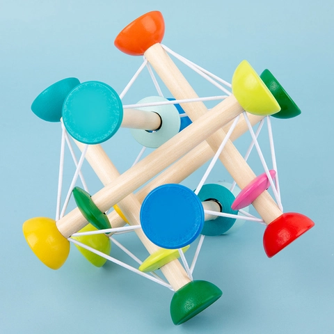 Wooden Manhattan Atom Ball Sensory Grasping Toy For Babies Toddlers Multicolor Tensegrity Elastic Stress Relief Educational Montessori Ball