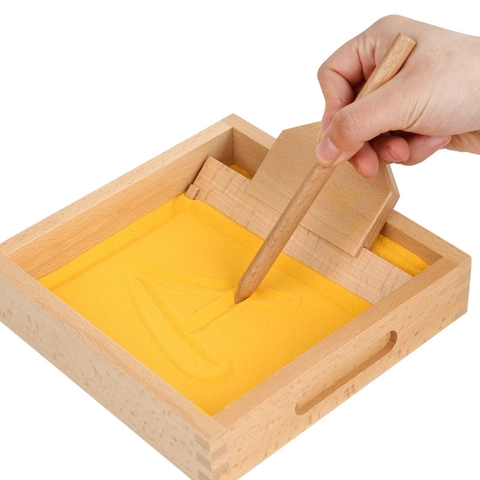 Montessori Vassoio per Scrittura con Sabbia in Legno Giocattolo Educativo per Bambini Apprendimento Sensoriale con Penna e Raschietto