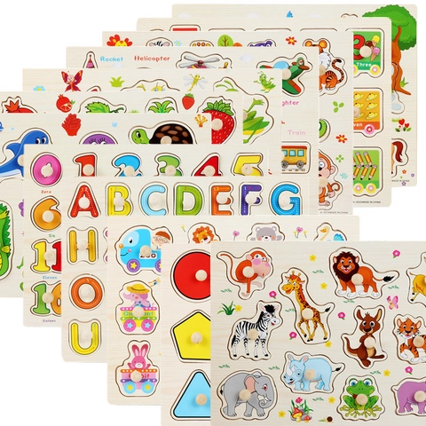 Montessori Wooden Peg Puzzles For Toddlers Alphabet Number Fruit Animal Shape Learning Educational Preschool Wooden Toys