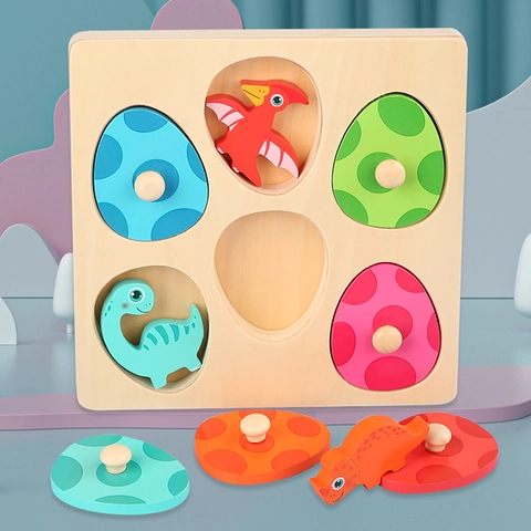 Puzzle a Strati in Legno con Uovo di Dinosauro 3D per Bambini Apprendimento Precoce Montessori Puzzle con Pioli e Animali