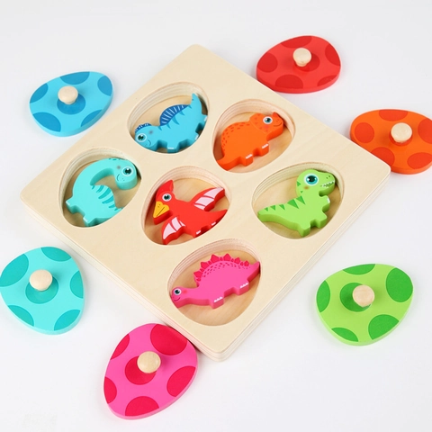 Puzzle a Strati in Legno con Uovo di Dinosauro 3D per Bambini Apprendimento Precoce Montessori Puzzle con Pioli e Animali