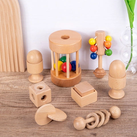 Montessori Wooden Baby Rattle Toys Set Beech Wood Teething Grasping Educational Toys For Infants Newborns Sensory Development Toys