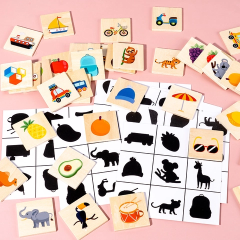 Gioco di Puzzle in Legno con Abbinamento di Ombre per Bambini Giocattolo Montessori Educativo Animale Frutta Allenamento Logico