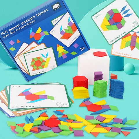Set di Blocchi a Forme Geometriche in Legno Puzzle Tangram Montessori Con Carte Modello Per Bambini Giocattolo Educativo