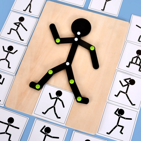 Wooden Movable Joint Figure Matchstick Man Educational Toy For Kids Montessori Pose Matching Game Preschool Learning Board