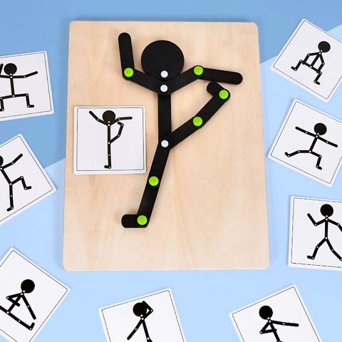 Wooden Movable Joint Figure Matchstick Man Educational Toy For Kids Montessori Pose Matching Game Preschool Learning Board