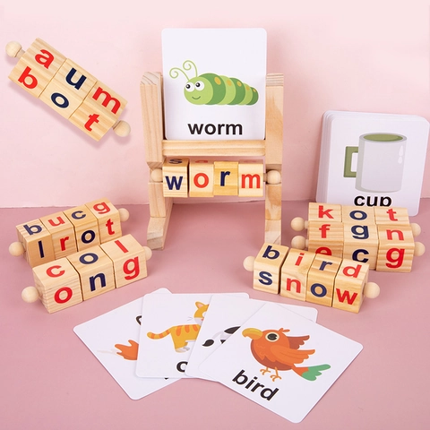 Montessori Holz Buchstabierspiel Rotierende Alphabet Blöcke Wortkarten Frühkindliche Bildung Buchstaben Erkennung Puzzle