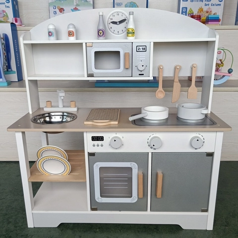 Set Cucina Giocattolo in Legno per Bambini Con Forno Microonde Lavello Stile Nordico Pentole Simulatore Regalo Educativo