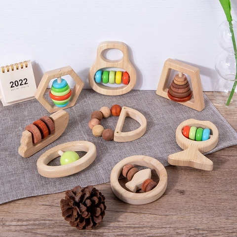 Natural Wood Baby Rattle Teether Toys Montessori Sensory Development Grasping Training Tool For Newborn Baby Shower Gift