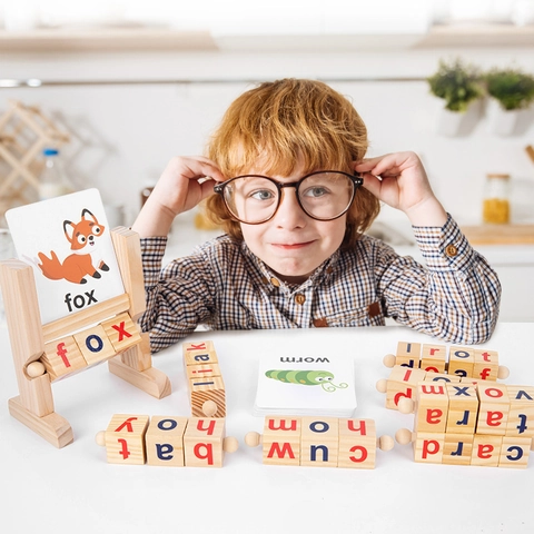 Montessori Holz Buchstabierspiel Rotierende Alphabet Blöcke Wortkarten Frühkindliche Bildung Buchstaben Erkennung Puzzle