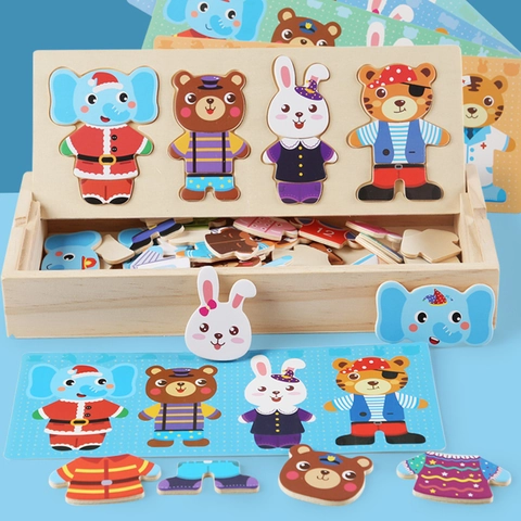 Set di Giocattoli Puzzle in Legno per Bambini Animali Montessori Apprendimento Educativo Giochi Con Scatola Orso Regalo