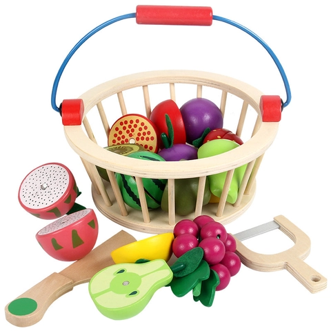 Kids Wooden Magnetic Fruit Vegetable Cutting Toy Pretend Play Simulation Kitchen Food Storage Basket Toddlers Early Learning Educational Gifts