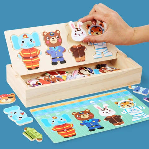 Set di Giocattoli Puzzle in Legno per Bambini Animali Montessori Apprendimento Educativo Giochi Con Scatola Orso Regalo