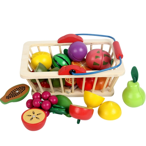 Kids Wooden Magnetic Fruit Vegetable Cutting Toy Pretend Play Simulation Kitchen Food Storage Basket Toddlers Early Learning Educational Gifts