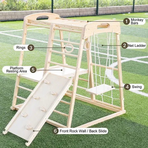 Solid Wood Multi-Functional Kids Indoor Outdoor Climbing Frame Set With Slide Swing Gymnastic Rings Montessori Gym Toys