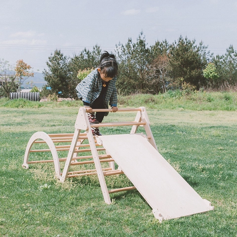 Solid Wood Multi-Functional Kids Indoor Outdoor Climbing Frame Set With Slide Swing Gymnastic Rings Montessori Gym Toys