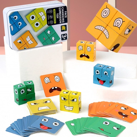 Gioco di Puzzle a Blocchi Espressione Cambia Volto in Legno Con Scatola di Metallo Giocattolo Educativo Montessori Logica Bambini