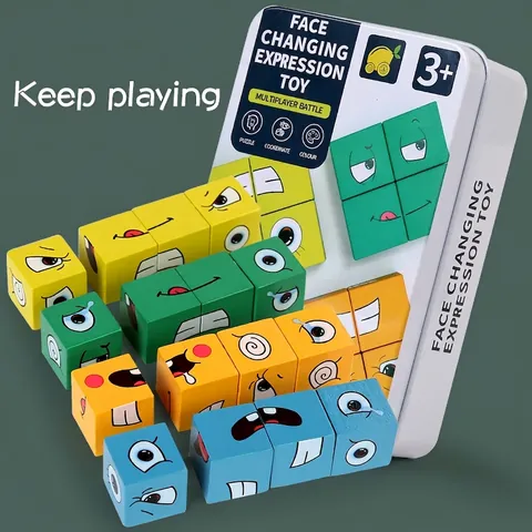 Gioco di Puzzle a Blocchi Espressione Cambia Volto in Legno Con Scatola di Metallo Giocattolo Educativo Montessori Logica Bambini