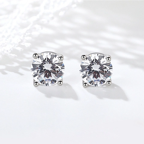Orecchini a Bottone in Argento Sterling 925 per Donna con Strass a Taglio Rotondo a 4 Griffe Eleganti Gioielli Regalo