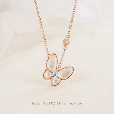 Collar de Colgante de Mariposa de Plata de Ley S925 con Nácar y Diamantes de Imitación Joyería Elegante Color Oro Rosa Plata para Mujer