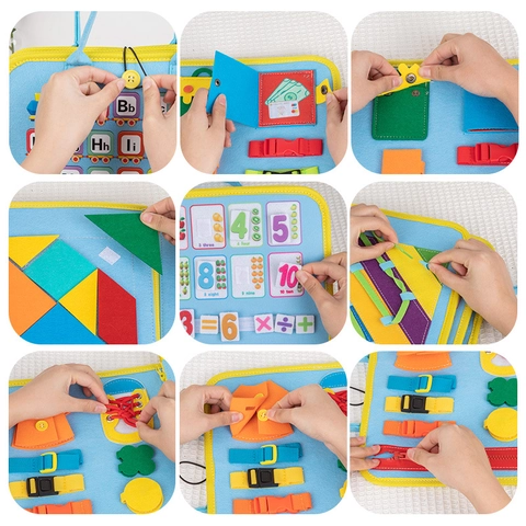 Pannello Sensoriale Montessori per Bambini Piccoli Giocattolo Educativo in Feltro Cassetta degli Attrezzi in Legno Puzzle di Logica Gioco di Apprendimento