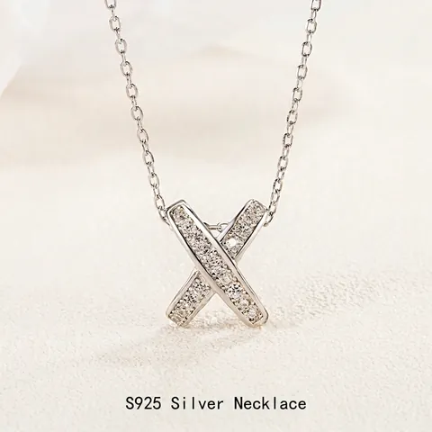 Collana con Ciondolo a X in Argento Sterling S925 Pavé di Strass Design a Croce Gioielli di Moda di Lusso Leggero per Donna Regalo Quotidiano