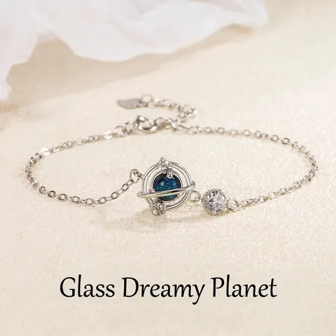 Pulsera de Planeta de Plata de Ley S925 para Mujer con Piedra Vidriada Azul Goldstone Azul Diamante de Imitación Oro Rosa Plata Joyería