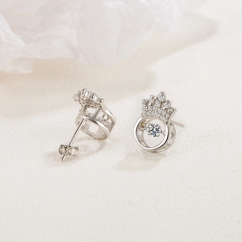 Orecchini a Bottone a Corona in Argento Sterling 925 per Donna Pietra Danzante Zirconia Intarsiata Placcato Platino Elegante Gioielli