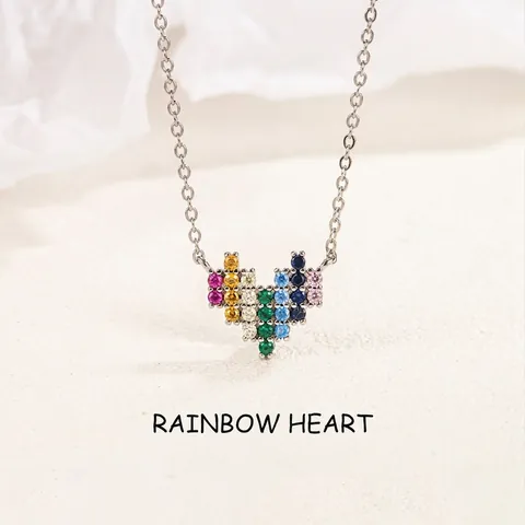 925 Sterling Silver Rainbow Heart Necklace For Women Multi Color Rhinestone Pave Pendant Elegant Sweet Sweet Neck Chain Jewelry