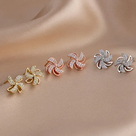 Orecchini a Bottone a Mulino a Vento Rotante in Argento Sterling S925 per Donna Squisiti Orecchini Rotanti Intarsiati in Zirconia
