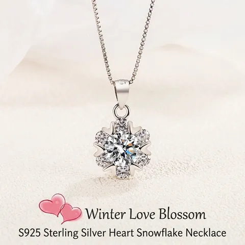 Collar de Pendiente de Corazón y Copo de Nieve de Plata de Ley 925 para Mujer Joyería de Circonia Chapada en Platino Cadena