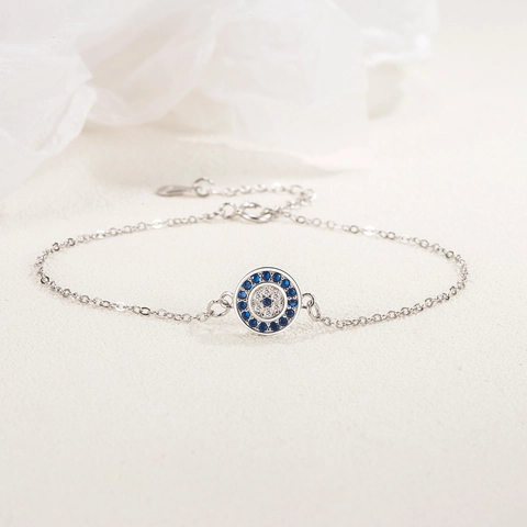 Bracciale Occhio Greco in Argento Sterling S925 per Donna Placcato Oro Strass Blu Bianchi Intarsiati Catena Regolabile