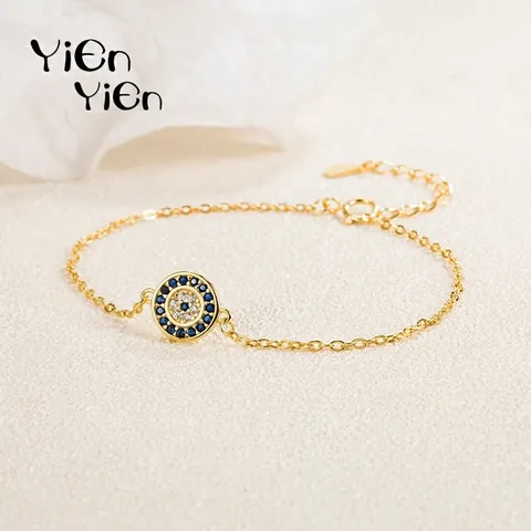 Bracciale Occhio Greco in Argento Sterling S925 per Donna Placcato Oro Strass Blu Bianchi Intarsiati Catena Regolabile