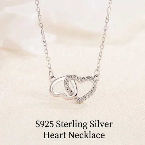 925 Sterlingsilber Herz-an-Herz Halskette Doppelherz Anhänger Elegant Strass Schmuck Für Damen Täglich Accessoire